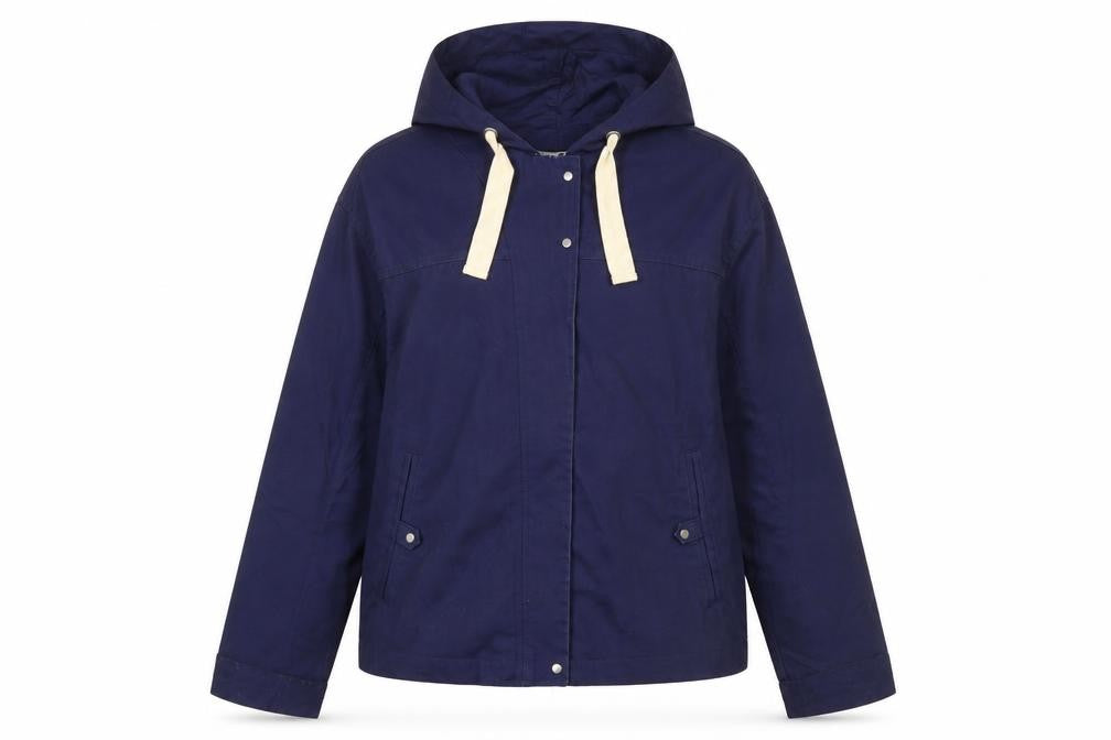 Front view of R Essentiel Women's Blue Hooded Anorak Jacket, size 12