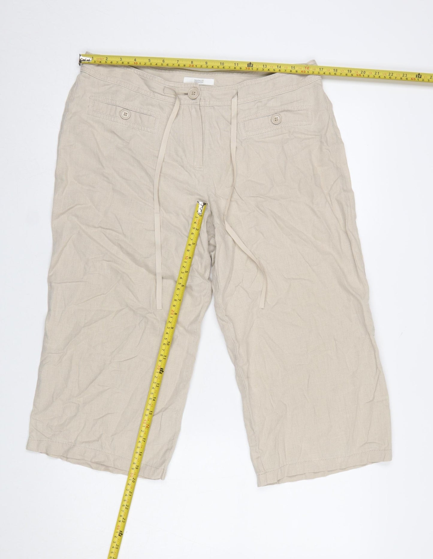 Marks & Spencer Womens Beige Linen Blend Capri Trousers UK 14 Medium