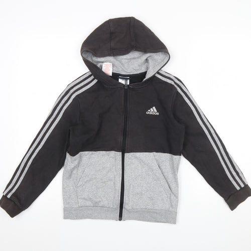 Adidas Boys Black Grey Full Zip Hoodie Size 11-12 Years Cotton Blend