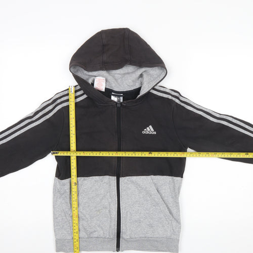 Adidas Boys Black Grey Full Zip Hoodie Size 11-12 Years Cotton Blend