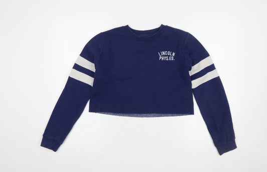 Topshop Women Navy Blue Crop Pullover Sweatshirt UK 8 Lincoln Phys. Ed.