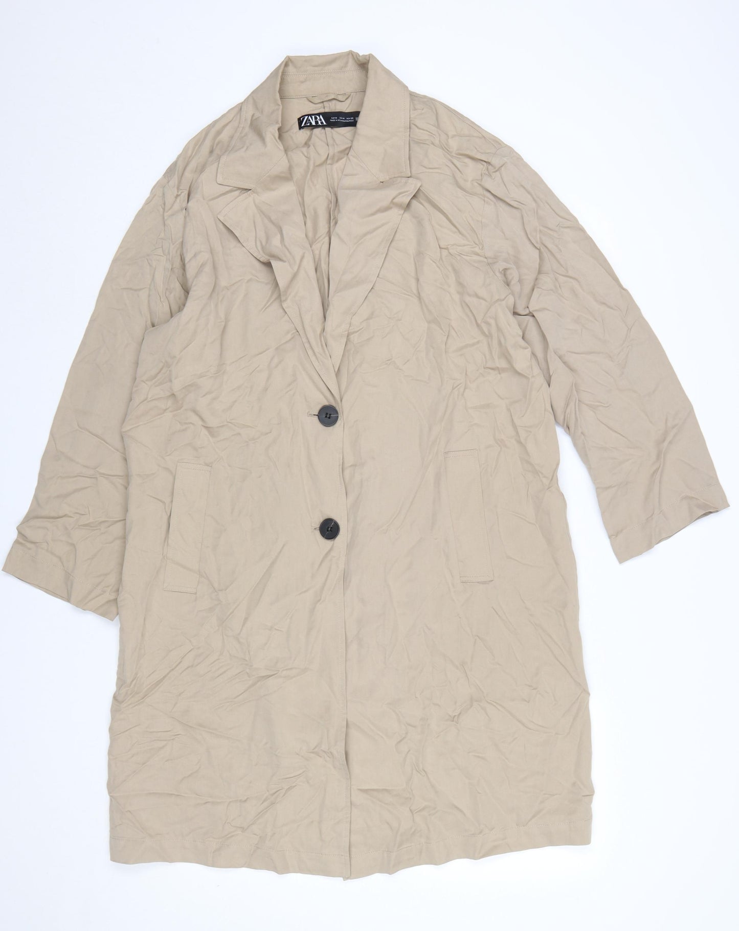 ZARA Women Beige Long Cotton Trench Coat Size 12