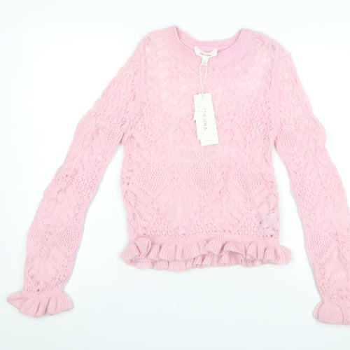 Marks and Spencer Per Una Women's Pink Knit Ruffle Crew Jumper Size S