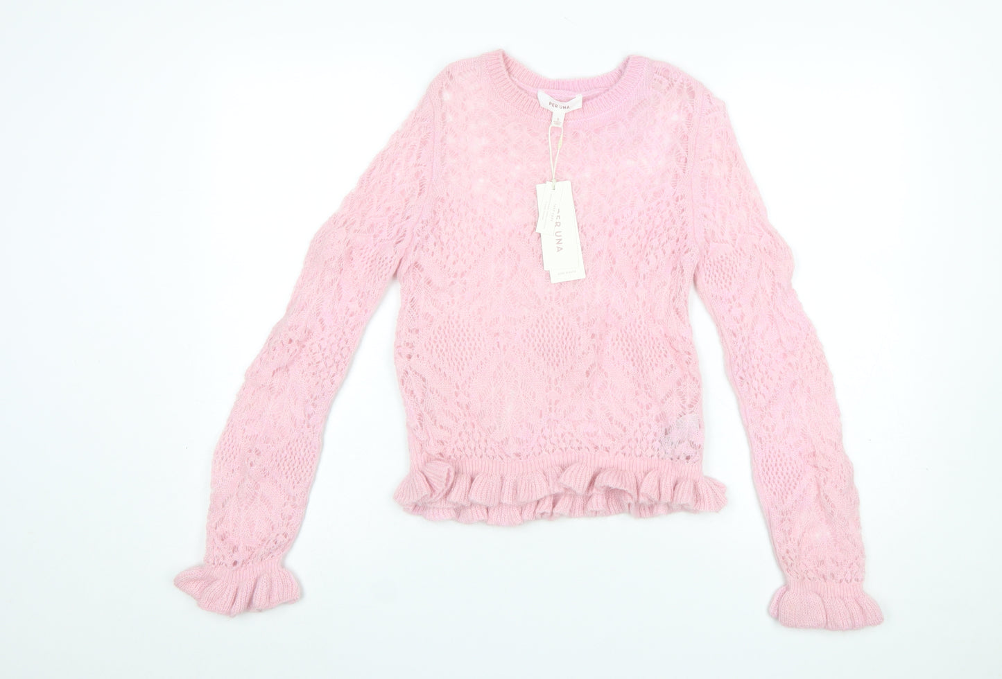 Marks and Spencer Per Una Women's Pink Knit Ruffle Crew Jumper Size S