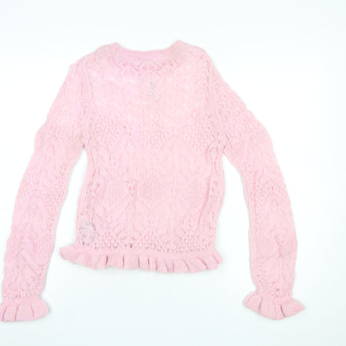 Marks and Spencer Per Una Women's Pink Knit Ruffle Crew Jumper Size S