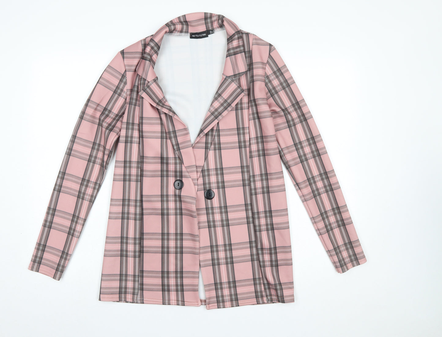 PrettyLittleThing Women Pink Plaid Double-Breasted Blazer UK 6 Polyester