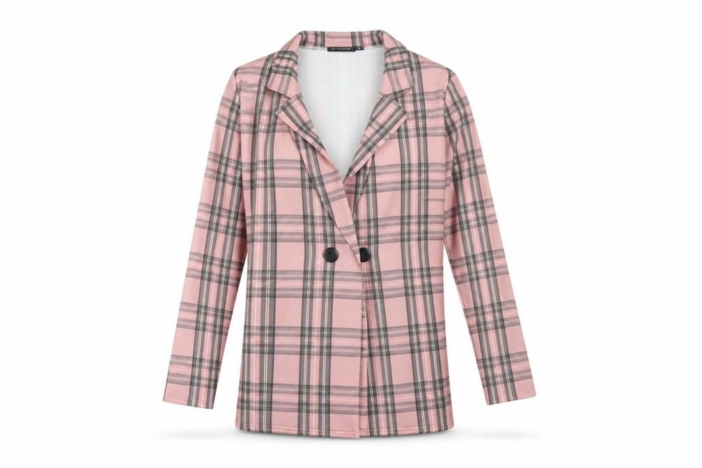 Front view of PRETTYLITTLETHING Women Pink Plaid Double-Breasted Blazer UK 6 Polyester