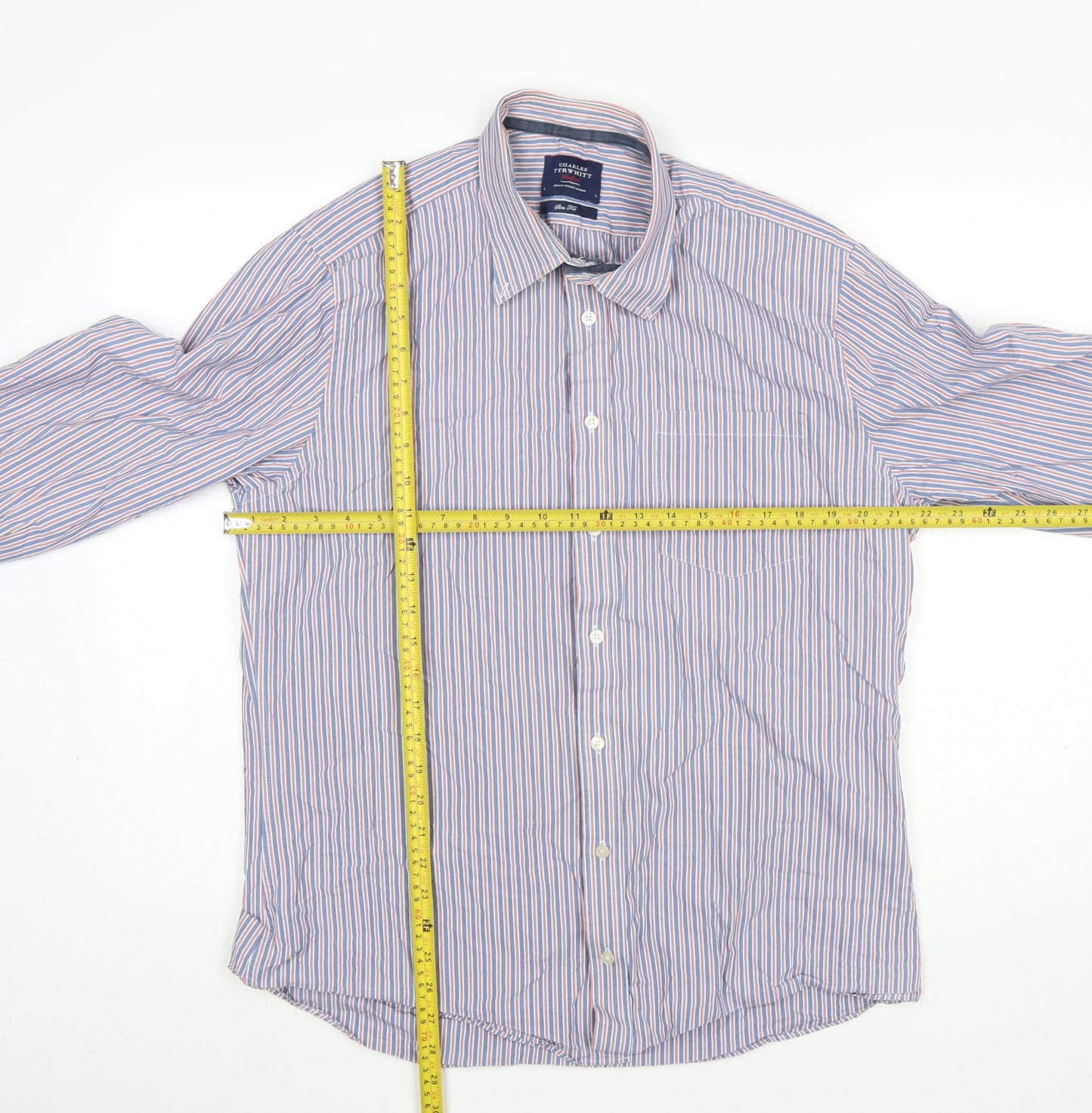 Charles Tyrwhitt Men's Blue Striped Slim Fit Button-Up Shirt L