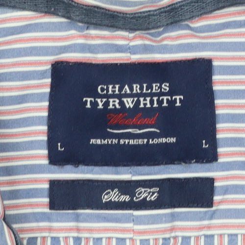 Charles Tyrwhitt Men's Blue Striped Slim Fit Button-Up Shirt L