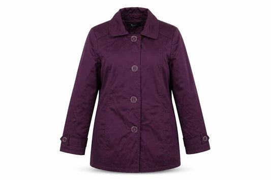 Front view of BHS Women Purple Mid-Length Button Coat, size 14, Polyester Cotton