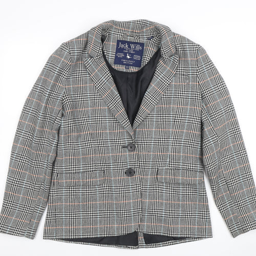 Jack Wills Women Grey Checked Wool Blend Blazer UK12 Classic Two-Button Jacket