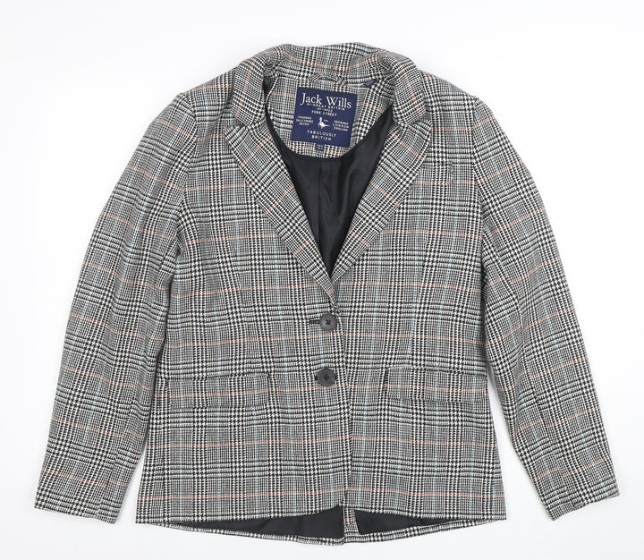 Jack Wills Women Grey Checked Wool Blend Blazer UK12 Classic Two-Button Jacket