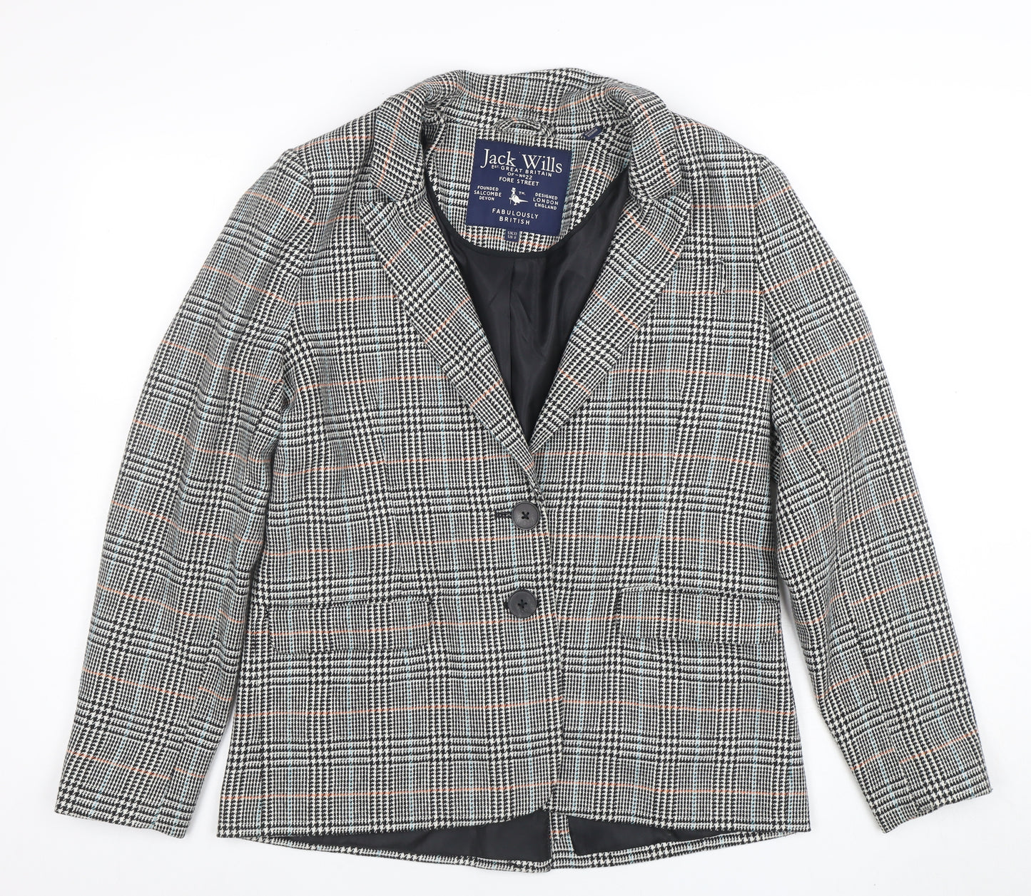Jack Wills Women Grey Checked Wool Blend Blazer UK12 Classic Two-Button Jacket
