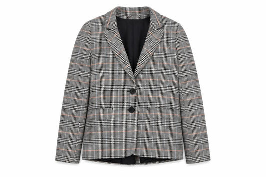 Front view of Jack Wills Women Grey Checked Wool Blend Blazer UK12 Classic Two-Button Jacket
