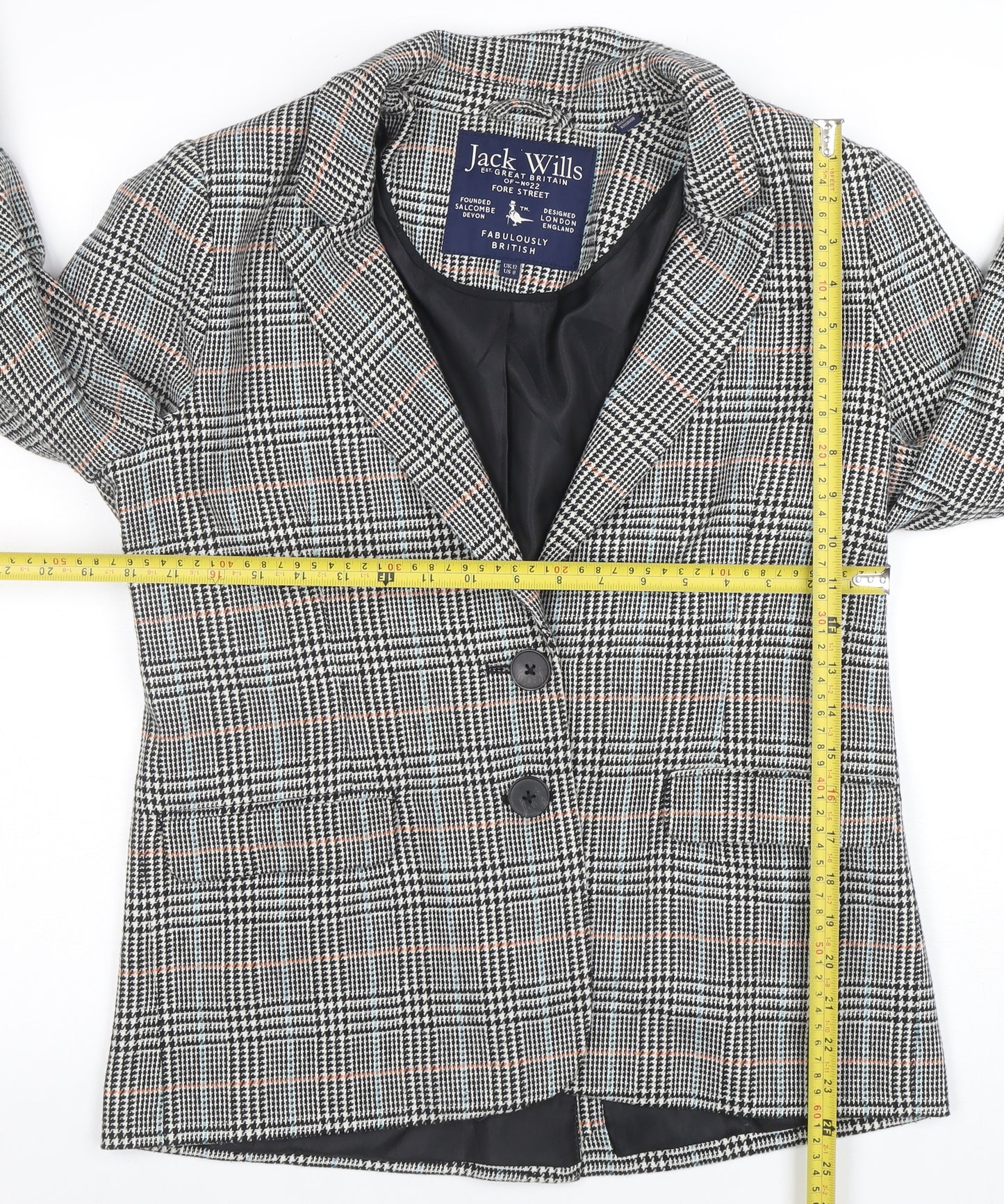 Jack Wills Women Grey Checked Wool Blend Blazer UK12 Classic Two-Button Jacket