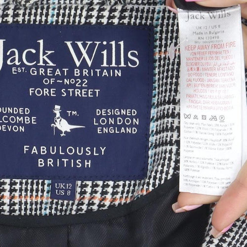 Jack Wills Women Grey Checked Wool Blend Blazer UK12 Classic Two-Button Jacket
