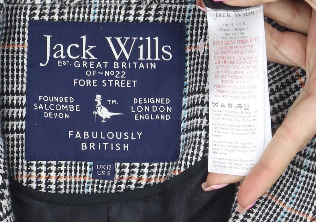 Jack Wills Women Grey Checked Wool Blend Blazer UK12 Classic Two-Button Jacket