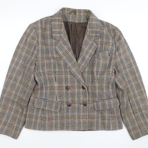 C&A Women's Brown Checked Wool Blend Double-Breasted Blazer Size 14
