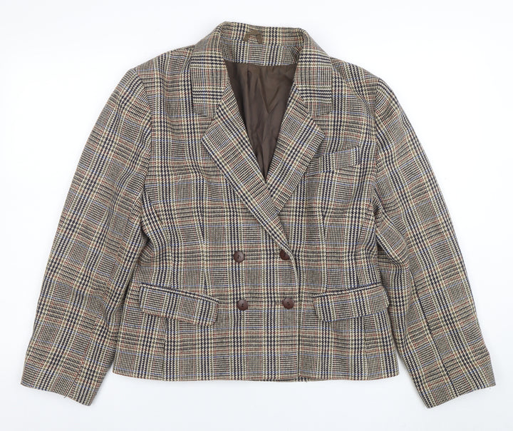 C&A Women's Brown Checked Wool Blend Double-Breasted Blazer Size 14