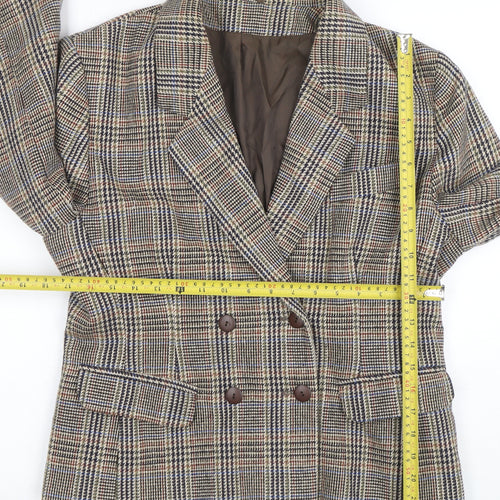 C&A Women's Brown Checked Wool Blend Double-Breasted Blazer Size 14