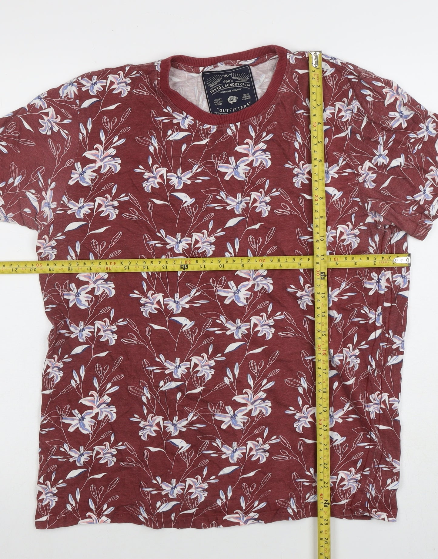 Tokyo Laundry Men's Red Floral Crew Neck Cotton Blend T-Shirt Size M