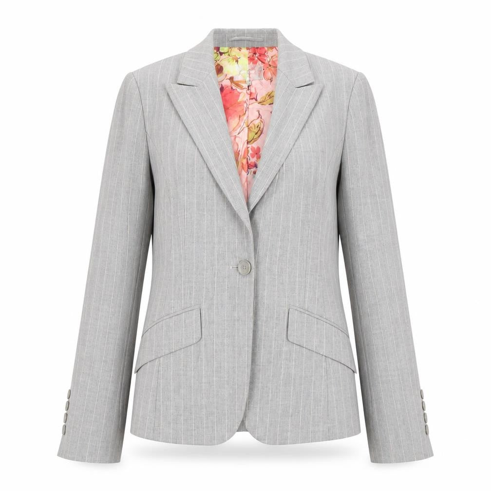 Front view of Per Una women’s grey pinstripe single-breasted blazer, size UK 10