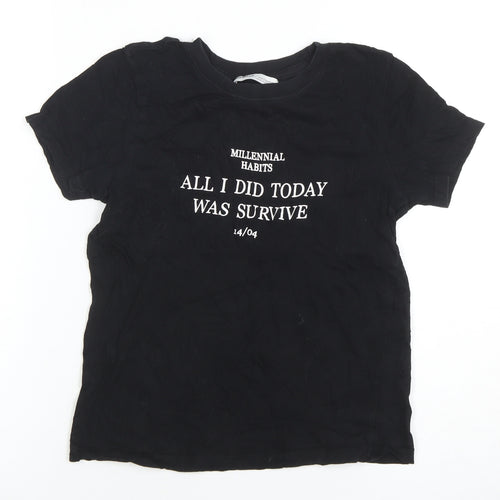Pull&Bear Women's Black XS Basic Cotton Quote T-Shirt
