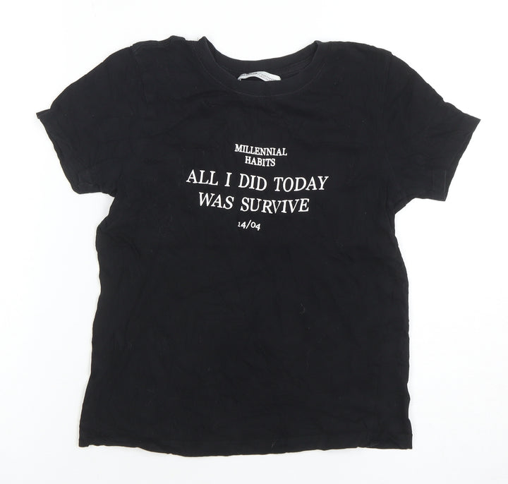 Pull&Bear Women's Black XS Basic Cotton Quote T-Shirt