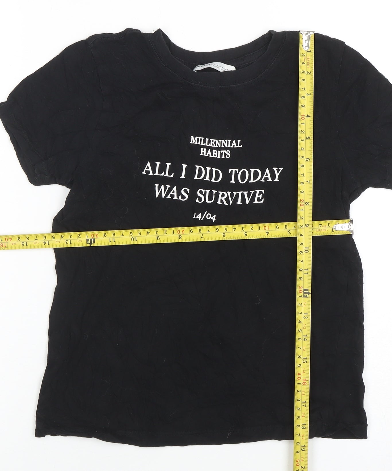 Pull&Bear Women's Black XS Basic Cotton Quote T-Shirt