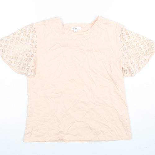 Maette Women's Beige Crochet Sleeve Cotton Blend T-Shirt Size S