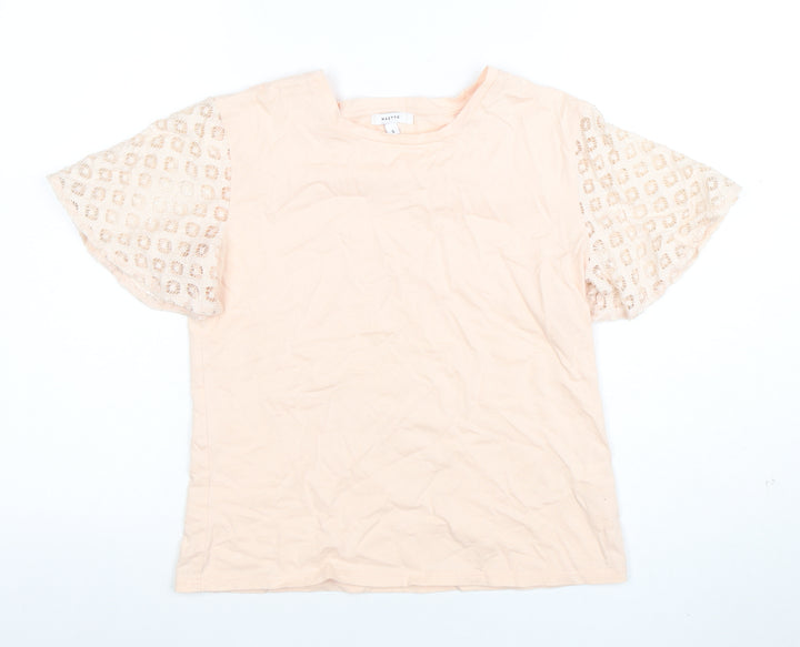 Maette Women's Beige Crochet Sleeve Cotton Blend T-Shirt Size S