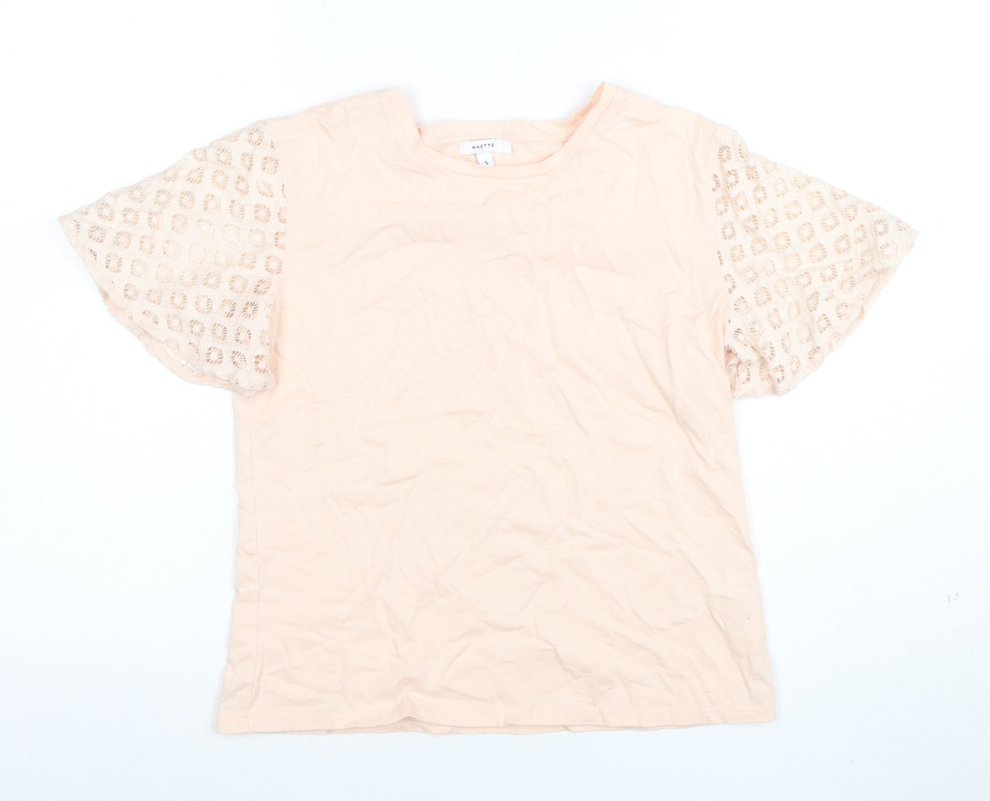 Maette Women's Beige Crochet Sleeve Cotton Blend T-Shirt Size S