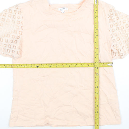 Maette Women's Beige Crochet Sleeve Cotton Blend T-Shirt Size S