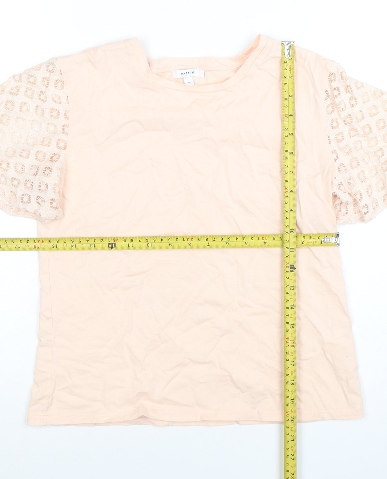 Maette Women's Beige Crochet Sleeve Cotton Blend T-Shirt Size S