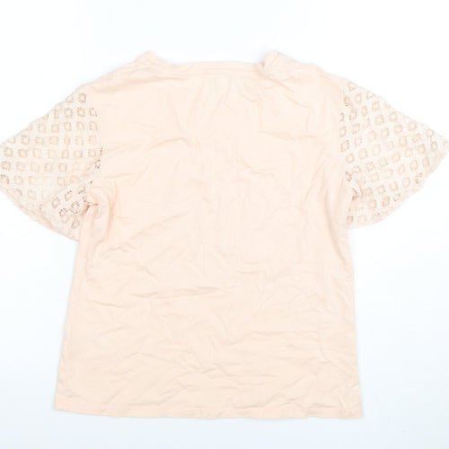 Maette Women's Beige Crochet Sleeve Cotton Blend T-Shirt Size S