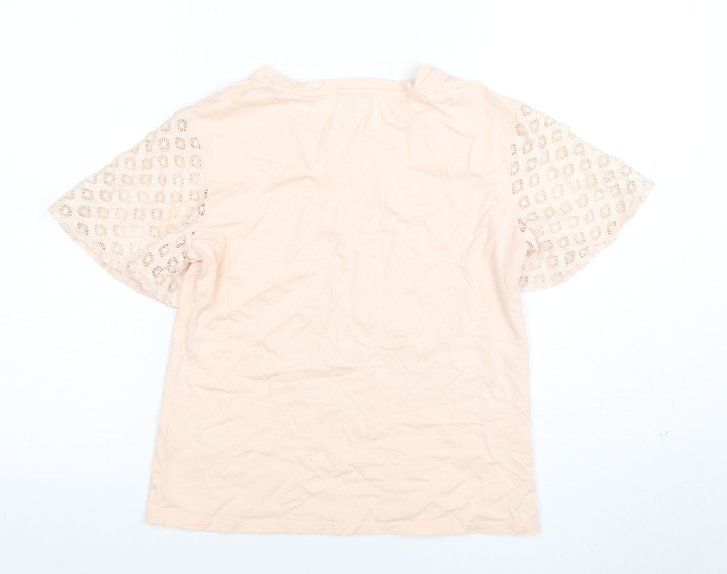 Maette Women's Beige Crochet Sleeve Cotton Blend T-Shirt Size S