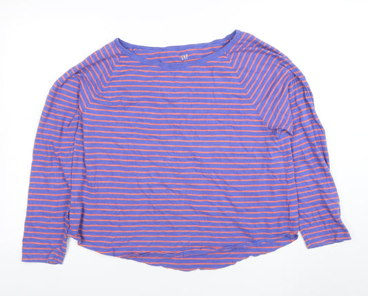 GAP Women Blue Striped Long Sleeve Boat Neck Cotton T-Shirt XL