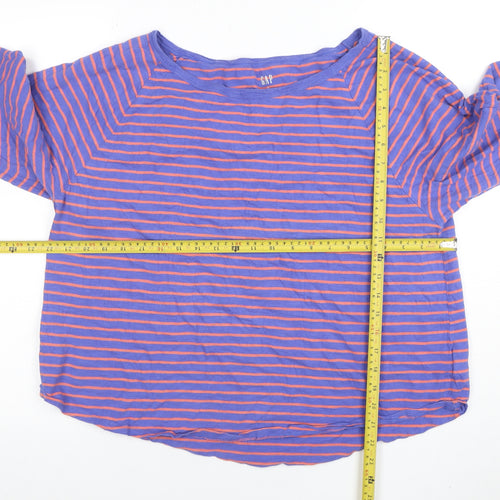 GAP Women Blue Striped Long Sleeve Boat Neck Cotton T-Shirt XL