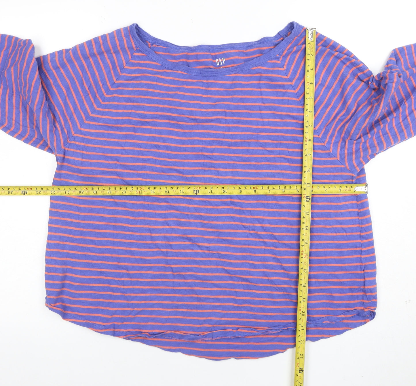 GAP Women Blue Striped Long Sleeve Boat Neck Cotton T-Shirt XL