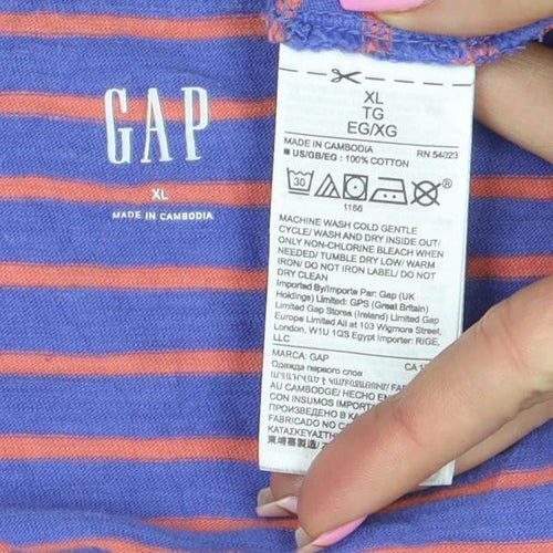 GAP Women Blue Striped Long Sleeve Boat Neck Cotton T-Shirt XL