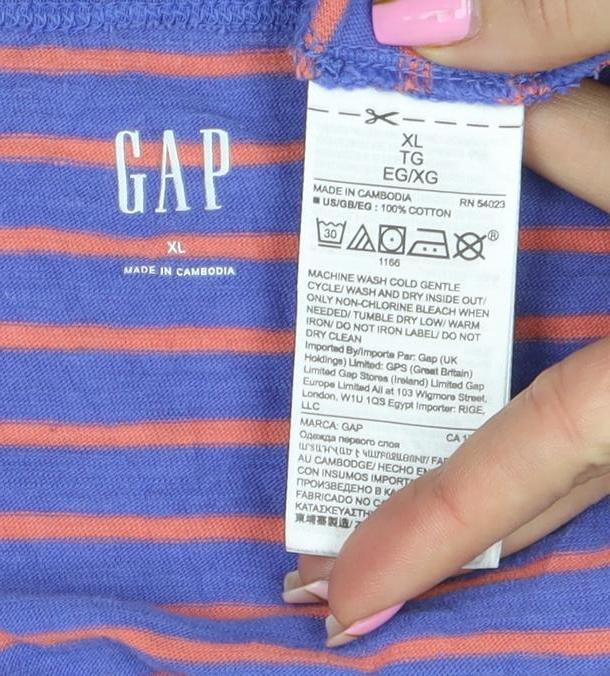 GAP Women Blue Striped Long Sleeve Boat Neck Cotton T-Shirt XL