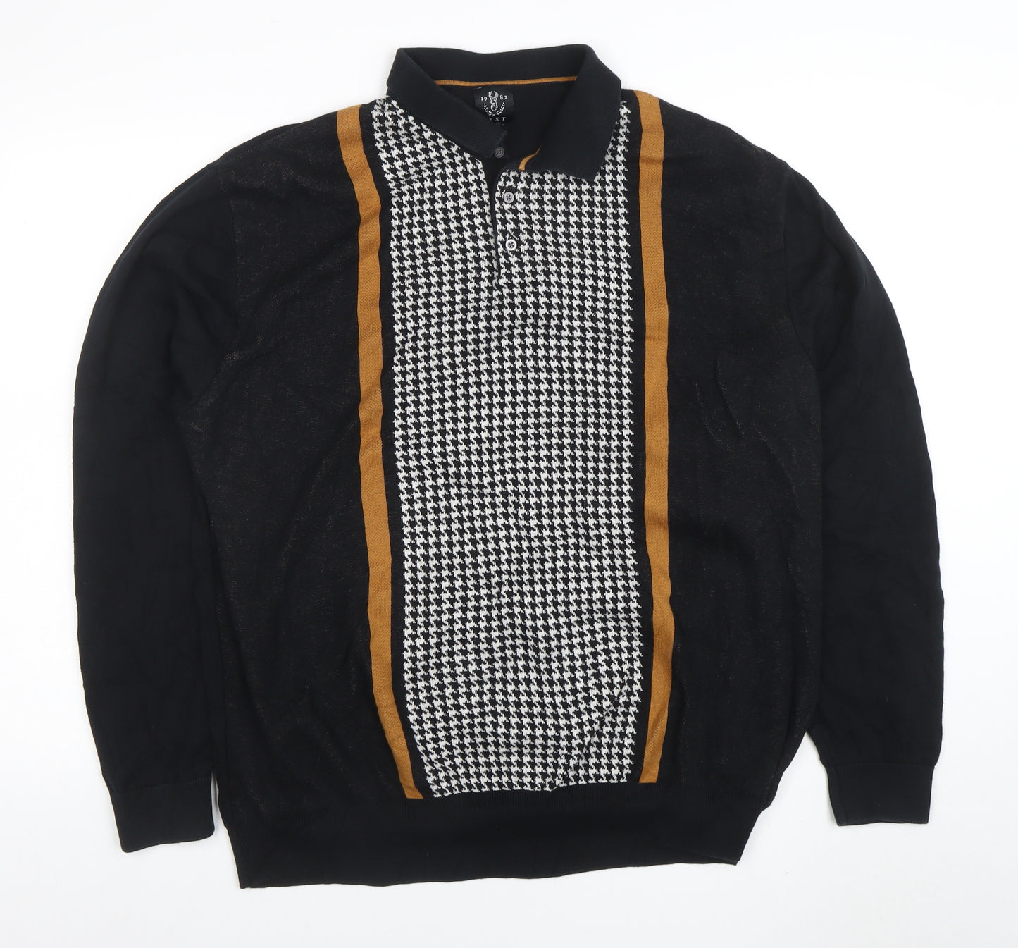 Next Men's Black Retro Long Sleeve Cotton Polo 2XL