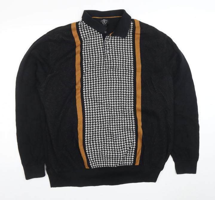 Next Men's Black Retro Long Sleeve Cotton Polo 2XL