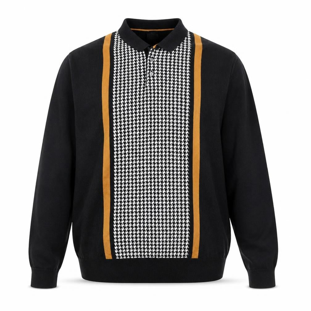Front view of Next Men's Black Retro Long Sleeve Cotton Polo 2XL
