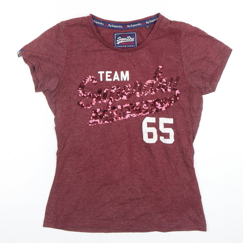 Superdry Womens Red Sequin Team 65 Slim Fit T-Shirt Size M