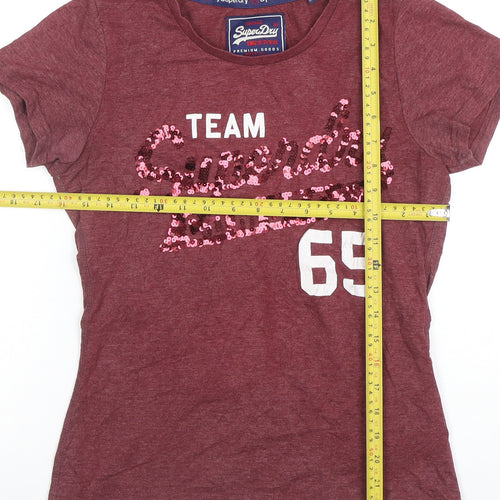 Superdry Womens Red Sequin Team 65 Slim Fit T-Shirt Size M
