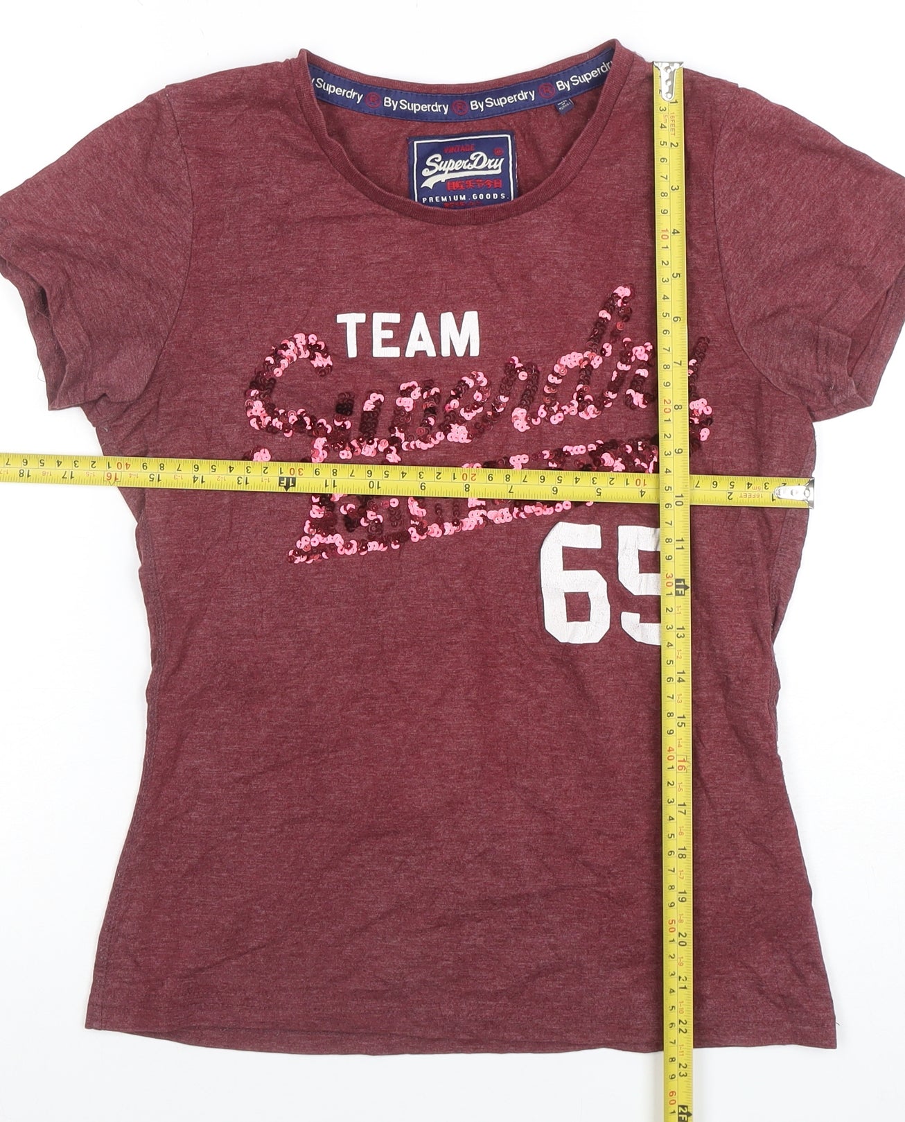 Superdry Womens Red Sequin Team 65 Slim Fit T-Shirt Size M