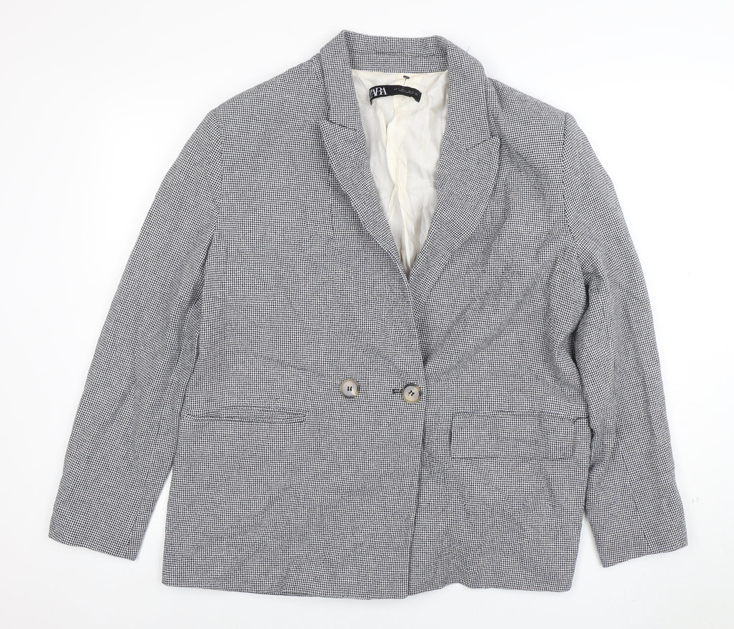 Zara Women Grey Houndstooth Double-Breasted Blazer Size 14