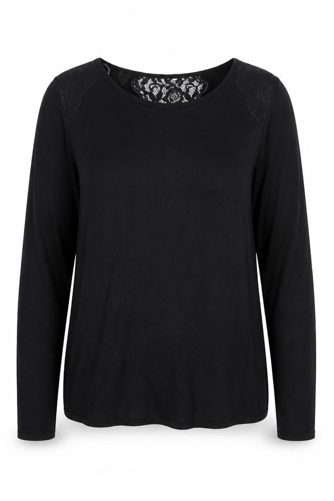 Front view of Monsoon Women's Black Lace Panel Long Sleeve Blouse, size 12