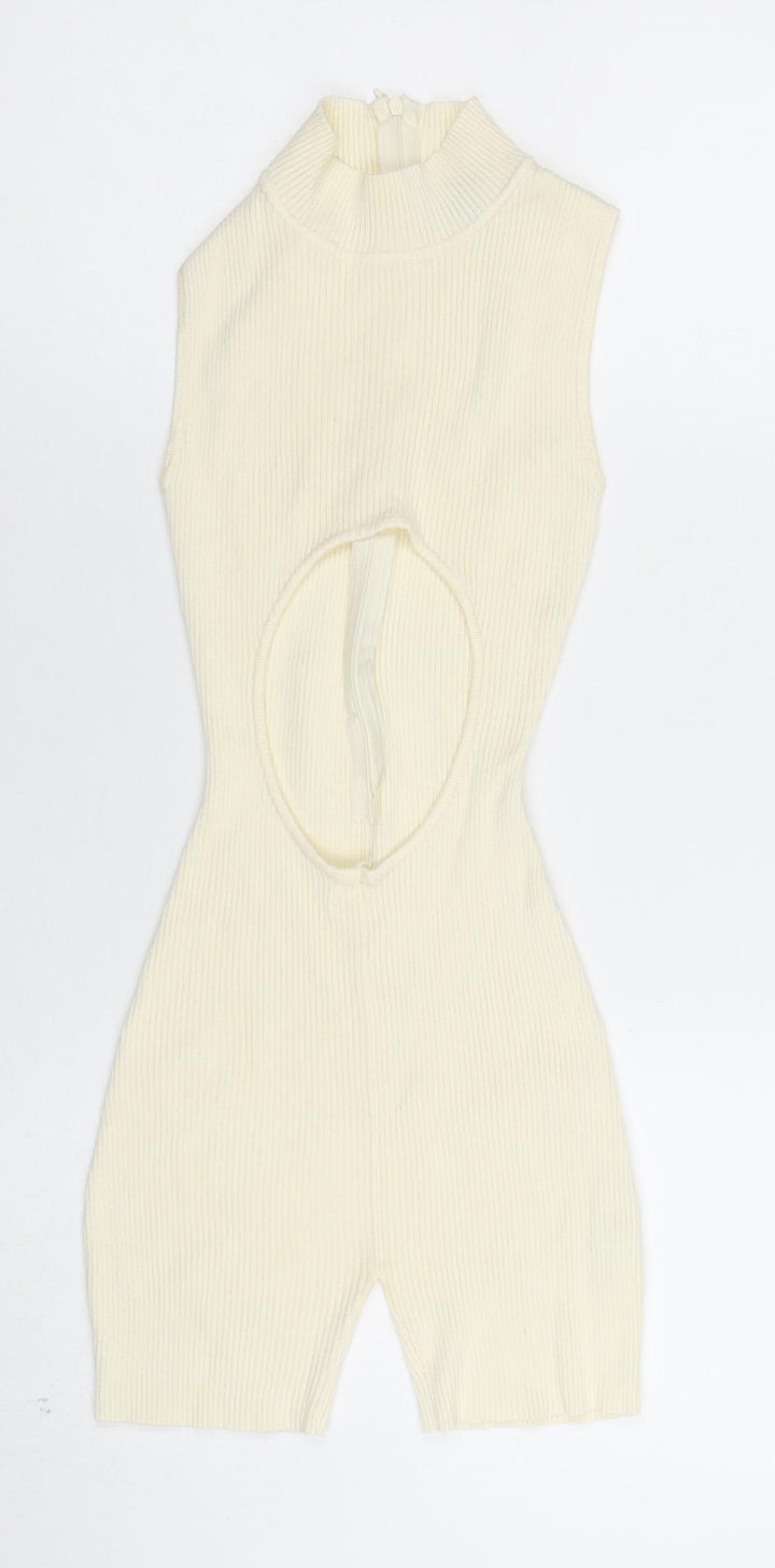 PrettyLittleThing Women’s Ivory Ribbed Short Sleeve Jumpsuit XS